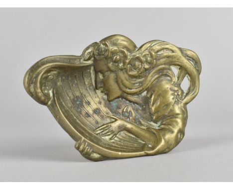 An Art Nouveau Brass Pin Dish in the Form of A Maiden Playing Harp, 12cm Wide 