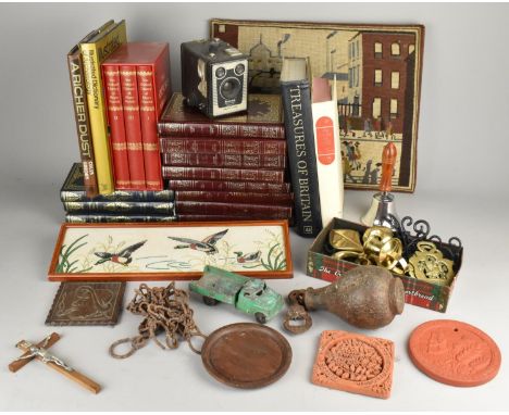 A Collection of Various Sundries to Comprise Books, Heavy Cast Weight, Tapestry Pad Seat After Lowry, Metalwares etc 