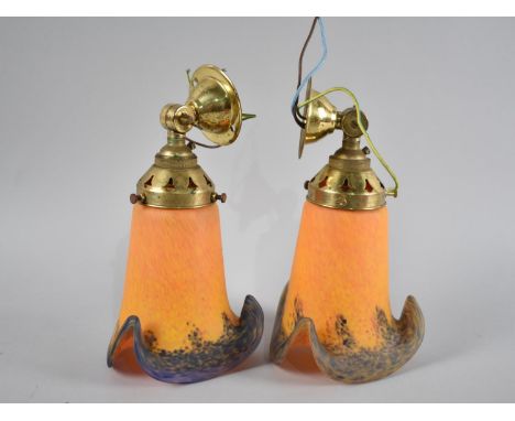 A Pair of Reproduction Art Nouveau Brass Mounted Wall Lights, 23cm high 