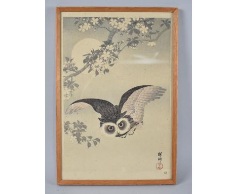Ohara Koson (1877-1945) Woodblock Print, Cherry Blossoms and Horned Owl, 25x35cm 