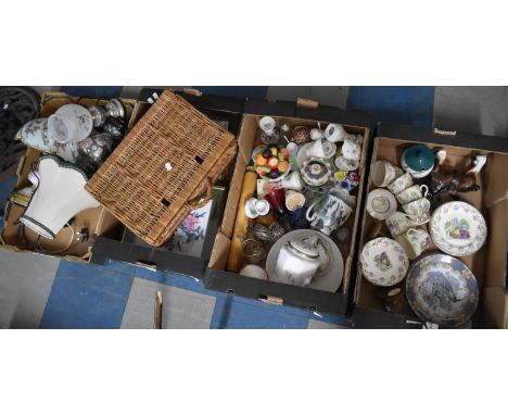 Four Boxes of Various Items to Comprise Ceramics, Wicker Hamper, Table Lamps etc 