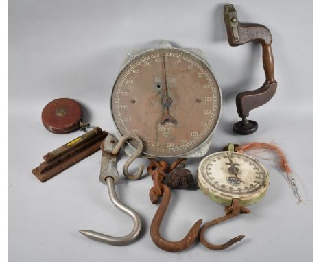 A Collection of Various Vintage Tools and Spring Balances, Tape Measure etc 