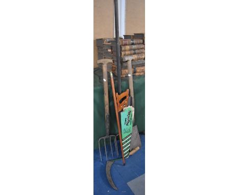 A Small Collection of Garden Tools and a Brass Mounted Walking Stick 
