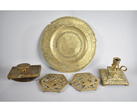 A Collection of Various Brass to Include Blotter, Bedchamber Stick and Plaque etc 