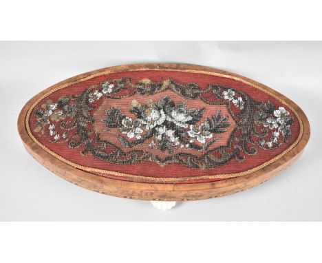 A Late Victorian Inlaid Walnut and Beadwork Topped Oval Stand with Four Ceramic Feet, 50cm Wide 