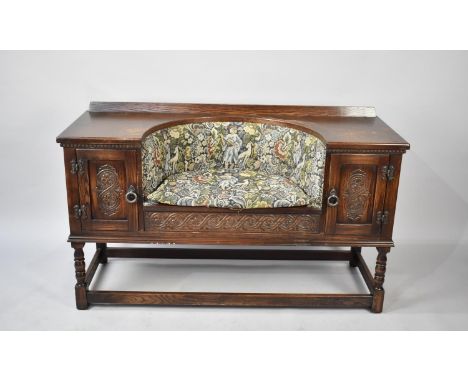A Mid 20th Century Oak Window Seat with Tapestry Upholstery and Cupboards Either Side, Galleried Back, 118cm wide 