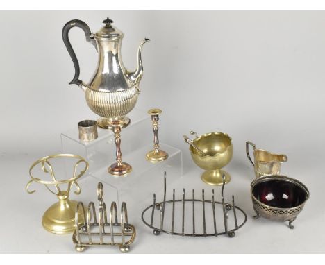 A Collection of Silver Plate to Include Coffee Pot, Toast Rack, Candlestick, Toast Rack, Candle Stick, Cream Jug etc 