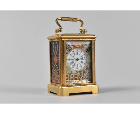 A Miniature Reproduction Gilt Brass and Imari Panelled Carriage Clock, 6cm High,working 