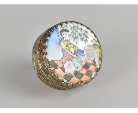 A Mid 20th Century Chinese Circular Enamelled Box, the Hinged Lid with Inner Mirror, 5cm Diameter 