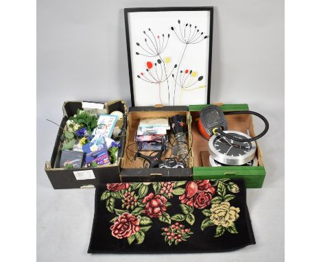 Three Boxes of Various Sundries, Rug and a Print 