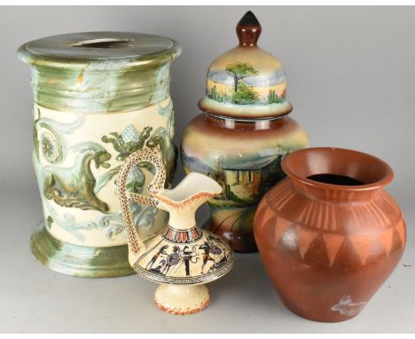 A Ceramic Seat/Stand Decorated with Classical Relief (AF) , Together with a Large Vase and Cover, Greek Classical Style Ewer 