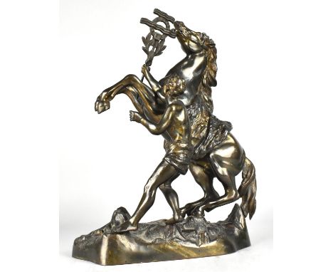 A Bronze Patinated Spelter Marley Horse and Groom, 31cm High 