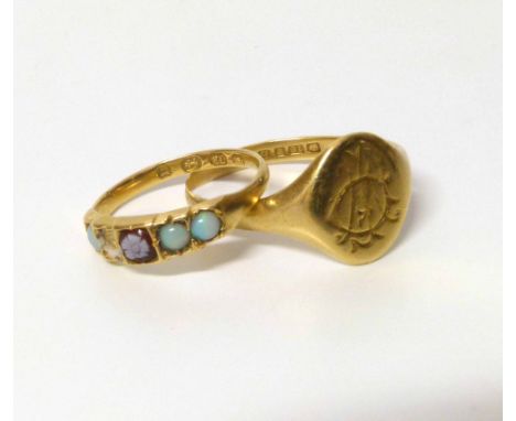 18ct Rings (Gold) comprising a signet ring, opal set, both AF, 6.49 No condition reports for this sale