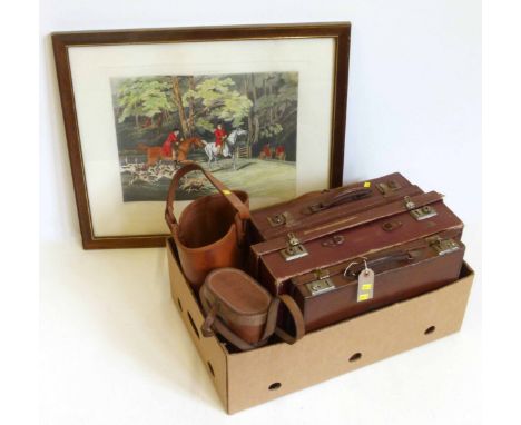 3 leather and compressed fibre cases and Norris product holdall and coloured print 'Throwing Off' No condition reports for th