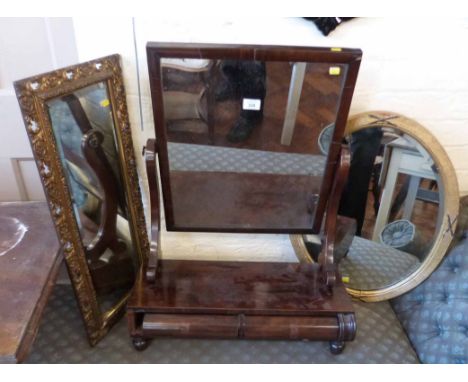 19th century mahogany swing frame toilet mirror enclosing 2 drawers and 2 gilt framed wall mirrors No condition reports for t