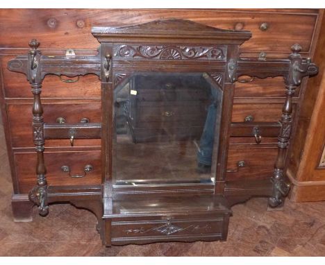 Late Victorian oval mirror hanging coat hooks 116cm wide No condition reports for this sale