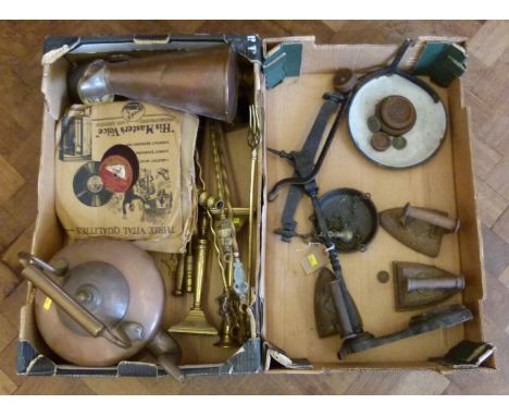 Brass pen nib brush/stand decorated with cockerel, copper kettle, pair of brass candlesticks, copper jug, two pokers, aneroid