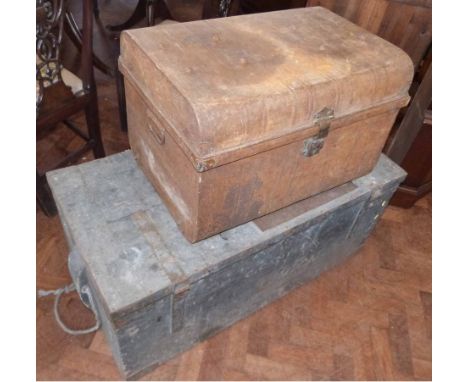 Pine trunk with stencilled name, German travel stickers and a tin trunk. No condition reports for this sale