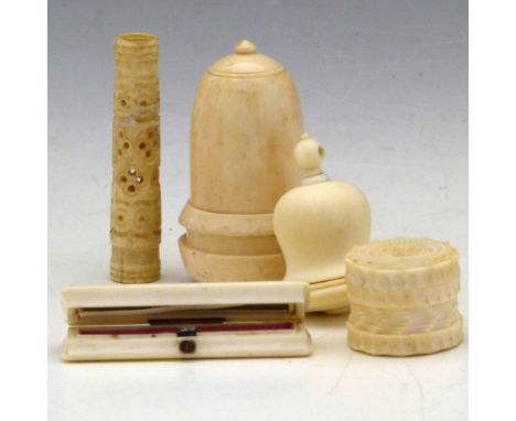 Victorian ivory bell-shaped thimble case, height 45mm; Victorian ivory acorn-shaped bobbin case, 65mm; ivory toothpick case, 