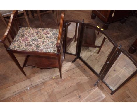 Edwardian piano stool and triple mirror. No condition reports for this sale