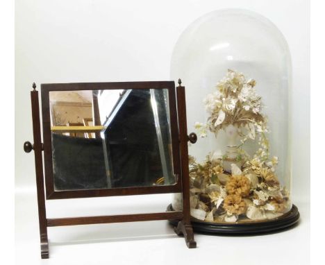 Victorian glass dome on plinth enclosing dried flowers, 37cm diameter and 59cm tall and swing frame toilet mirror No conditio