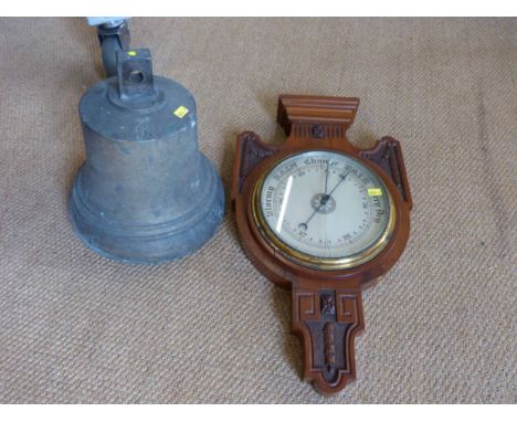 Brass fire bell and an aneroid barometer. No condition reports for this sale