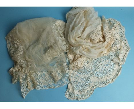A Honiton-lace-edged long net scarf, a Maltese-lace-edged silk shawl, a length of tambour-lace-edged net and other items, sim