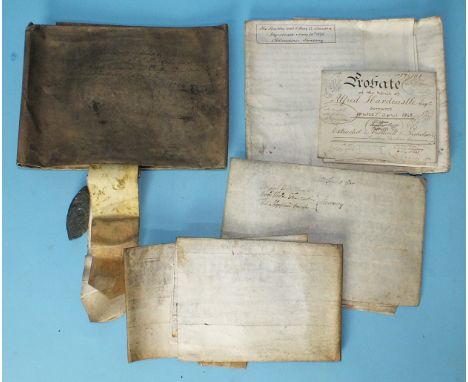 A George I recovery document, vellum, another, similar and a Queen Anne vellum recovery document, all with engraved portrait 