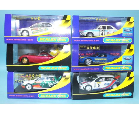 Six modern Scalextric cars by Hornby Hobbies Ltd, all in plastic boxes, (6).
