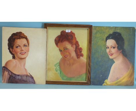 Three oils on boar by R M Nunan, each a head and shoulders portrait of a young woman, c1930's, (3).