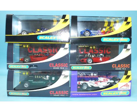 Six modern Scalextric Grand Prix cars, all boxed.