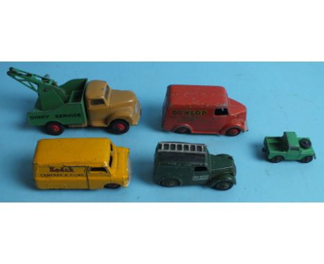 Dinky, 1950's issues, 480 Bedford C A van "Kodak", 261 P O telephone van, 451 Trojan "Dunlop" van, 430 Commer breakdown van, 