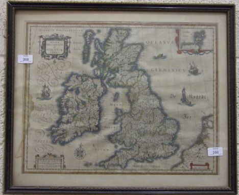 Blaeuw, Guiljelmus, Magnae Britanniae et Hiberniae Tabula, Amsterdam, early coloured boundaries, old damp mark in the centre 