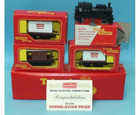 Triang OO gauge, 0-4-0T c/w tank engine with key (black) two Lyons Maid wagons, another wagon and track, all boxed, (Lyons Ma