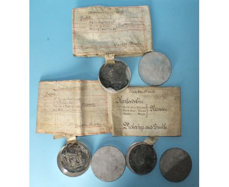 Three George III recovery documents, vellum, each with engraved portrait of the king in decorated border and seal on tag in t