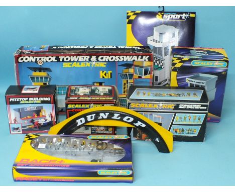 Scalextric Race + Accessories set, two control towers, control tower and cross-walk kit, grand stand and spectators, pit stop