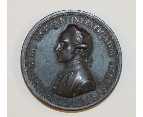 A bronzed copper 1784 James Cook Memorial Medal by Lewis Pingo for the Royal Society, showing a bust of Cook with script "Oce