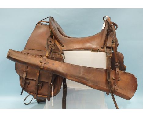 A 1904 pattern US Army McClellan leather saddle with 11½'' seat, stamped on shield escutcheons to the pommel and stamped "Sea