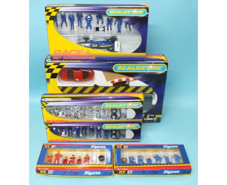 Scalextric two Race + set of accessories and four sets of figures, all boxed, (6).