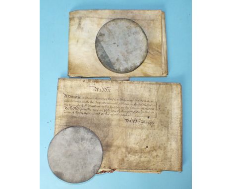 A William III recovery document, vellum, with remains of a seal in tin case and a George II vellum document with seal, both w