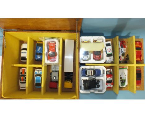 Scalextric: ten racing  cars and two lorries, unboxed and five other slot cars, boxed, all contained in fitted wooden box..