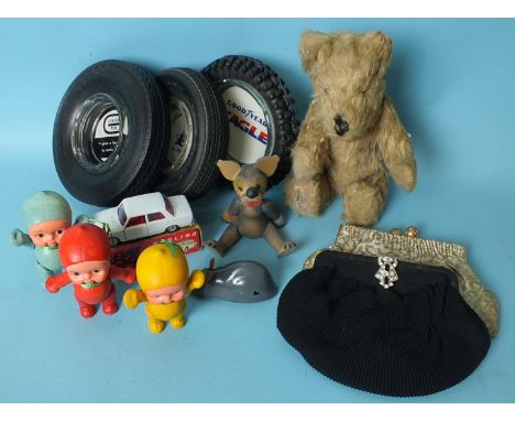 A J K Farnell Alpha teddy bear with stitched nose and blonde mohair plush, seated, 23cm, three tyre advertising ashtrays and 