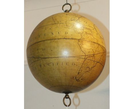 A Greaves & Thomas Globe Terrestré reproduction hanging terrestrial globe, 32cm diameter, 48cm high, including brass hanging 