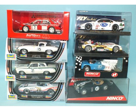 Eight modern Scalextric-style slot racing cars, various makes, all boxed, (8).