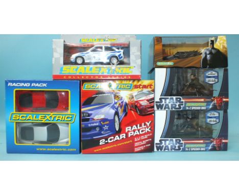 Scalextric, Star Wars, two 74-Z Speeder Bikes, two 2-car packs, a Batmobile and one other car, all boxed, (6 boxes).