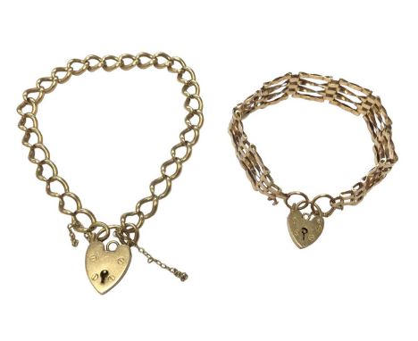 9ct gold curb link bracelet and 9ct gold gate bracelet both with padlock clasps (2)Total weight 37.5 grams