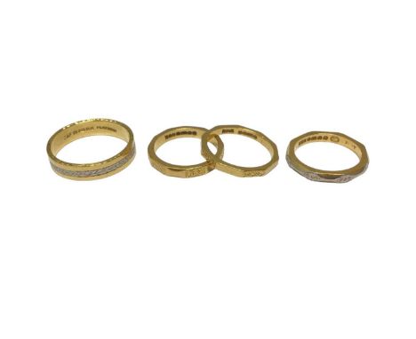 22ct gold and platinum wedding ring, size O and three other 22ct gold wedding rings, sizes H½- I (4)Total weight 13.9 grams 