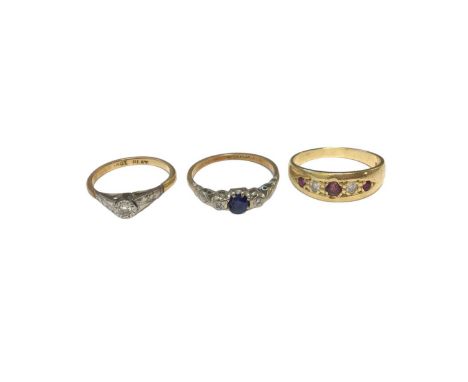 Three 18ct gold diamond and gem set rings to include a diamond single stone ring in platinum illusion setting, size M½, sapph