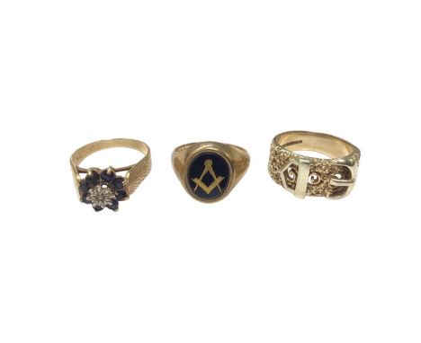 Three 9ct gold rings to include a sapphire and diamond cluster ring, size R, Masonic signet ring, size Q and a buckle ring, s