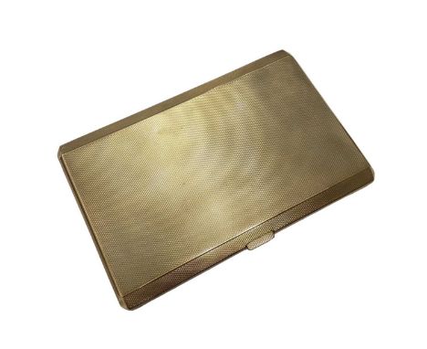 Art Deco 9ct gold cigarette case with engine turned decoration, 13cm x 8.5cm, by Adie Brothers, (Birmingham 1942) in original